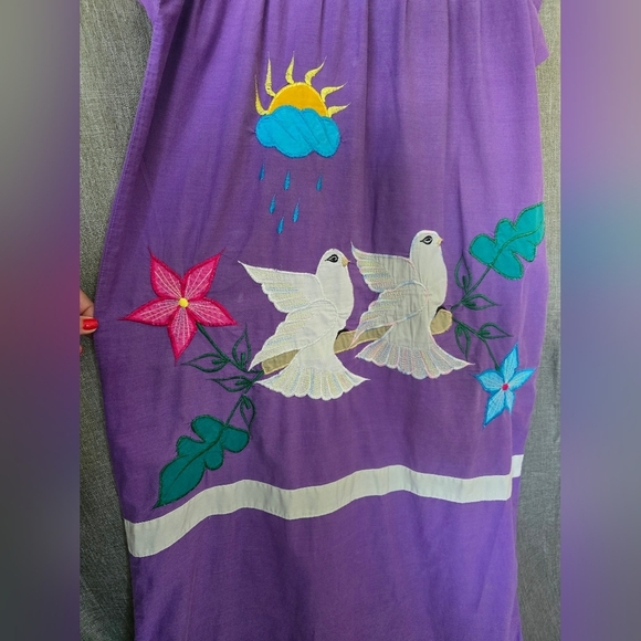 Vtg 1970s Mexican Oaxacan Purple Applique Mumu Midi Dress Sixe XL - Picture 2 of 7